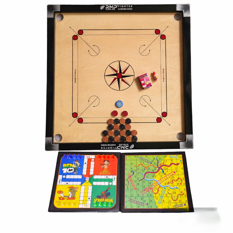 RMP Carrom Board 32 inch Full Size for Adults, Smooth Surface Glossy Finish with Carrom Coins, Striker 15g and Magic boric Powder with Ludo Board Game and Snake and Ladder Game.