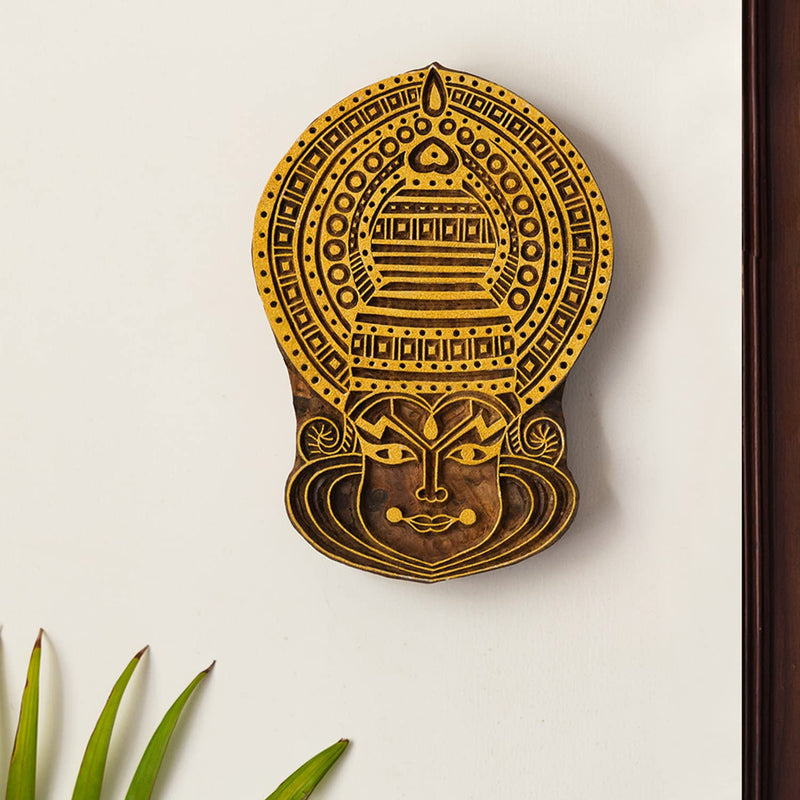 ExclusiveLane 'Kathakali' Hand Carved Sheesham Wood Blocks Hanging Wall Decor (Medallion Yellow & Brown, 14.5 cm x 2.8 cm x 20.8 cm)