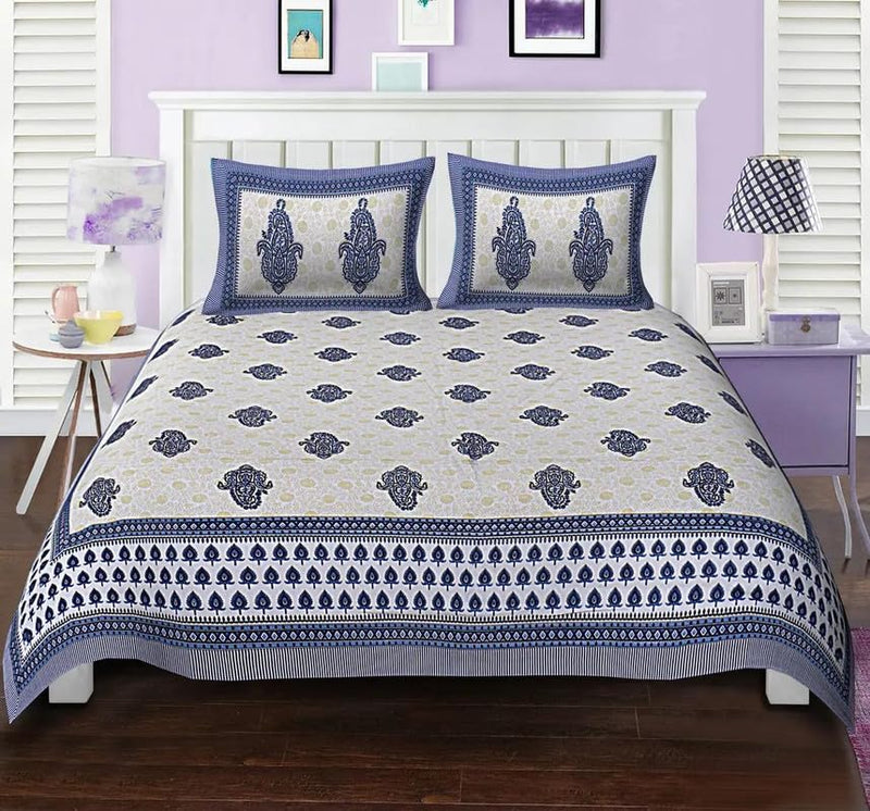 Blue Cotton Paisely Print King Size Bedsheet with 2 Pillow Covers-ETH-OXF-117-Blue