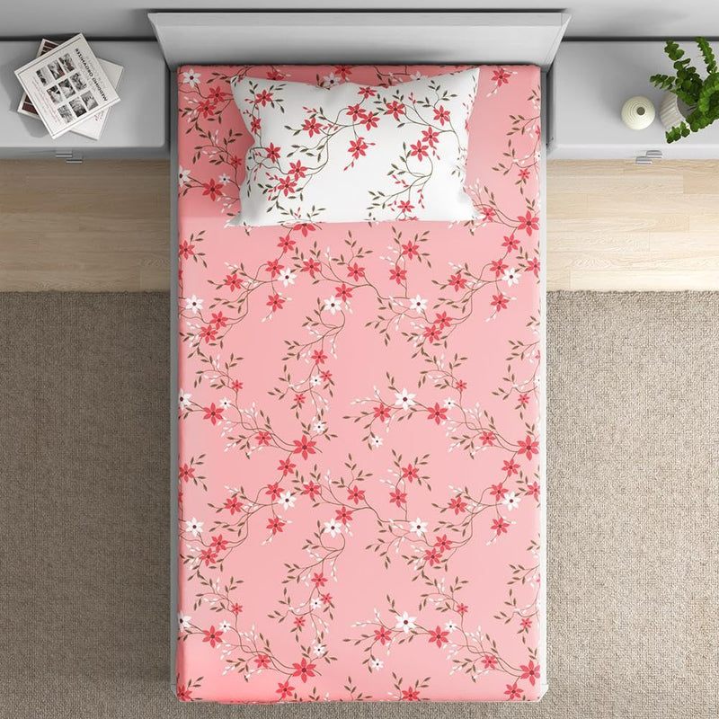 100% Cotton 152 TC Fitted Bedsheet with 1 Pillow Cover | Sakura Single, 72" x 36", Sakura| 1.83m x 91cm