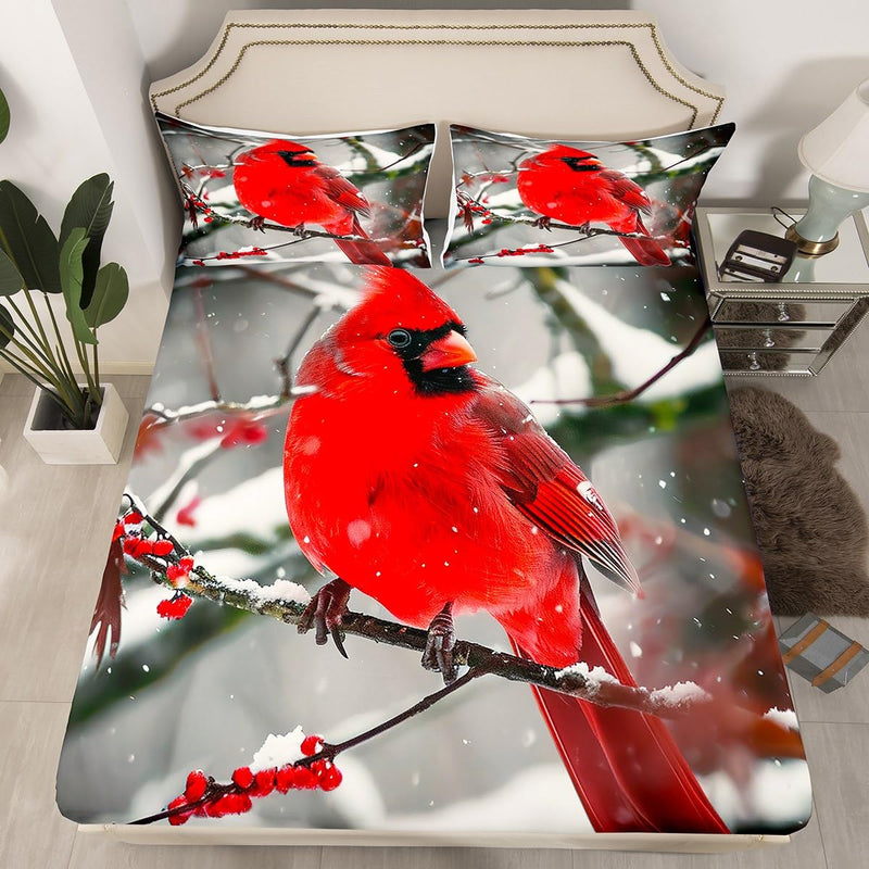 Boys Cardinals Fitted Sheet Queen Size,Red Sparrows Sheet Set Michigan Birds Bed Sheet Winter Tree Branch Bed Cover Finches Bedroom Decor for Kids Girls Teens