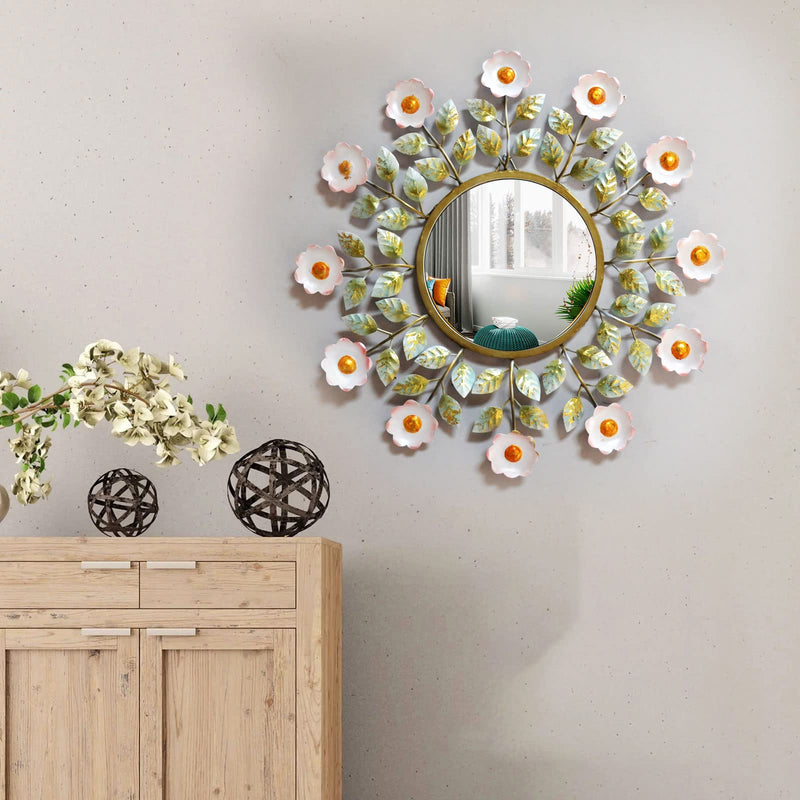 CraftVatika Metal Floral Design Wall Mirror for Living Room or Bathroom