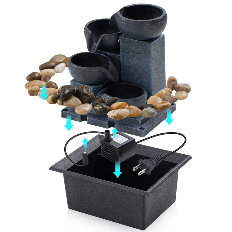 AMOOTEK Tabletop Fountain Indoor Mini Waterfall 4-Tier Relaxation Tabletop Fountain Small Indoor Fountain Meditation Fountain Includes Natural River Rocks and Multi-Coloured Lights (Premium Grey)