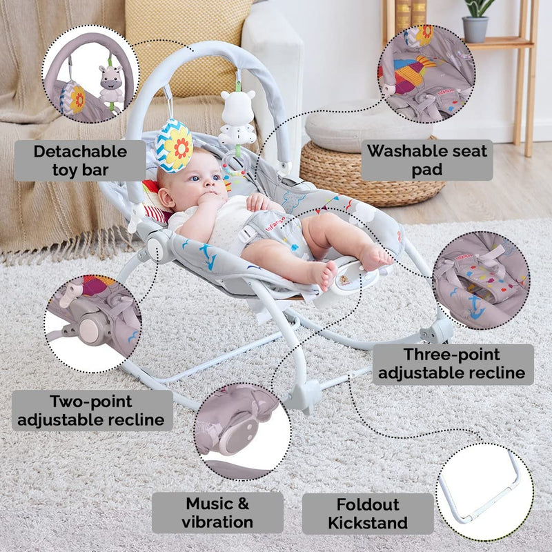 INFANTSO Baby Rocker Portable with Free Mosquito Net & Calming Vibrations & Musical Toy (03-Grey)