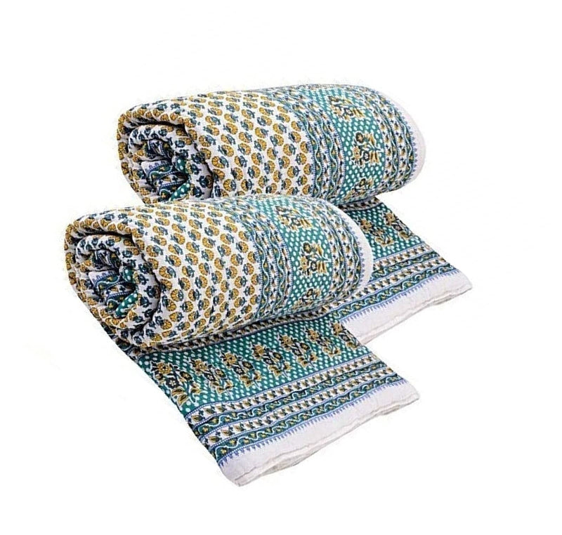 HOPEE SHOP Cotton Razai Jaipuri Floral Print Traditional Rajasthani Single Bed 210 TC Cotton Quilt/Rajai/Razai/Blanket (Blue Green Yellow) (Set of 2) (55x85 inch Size)