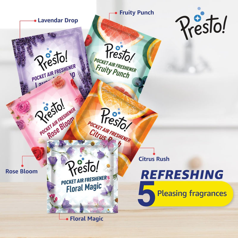 Amazon Brand - Presto! Pocket Air Freshener, Refreshing Fragrance that Lasts Up to 30 Days (5 Assorted Fragrances x 2 Packs, 100 Gms)