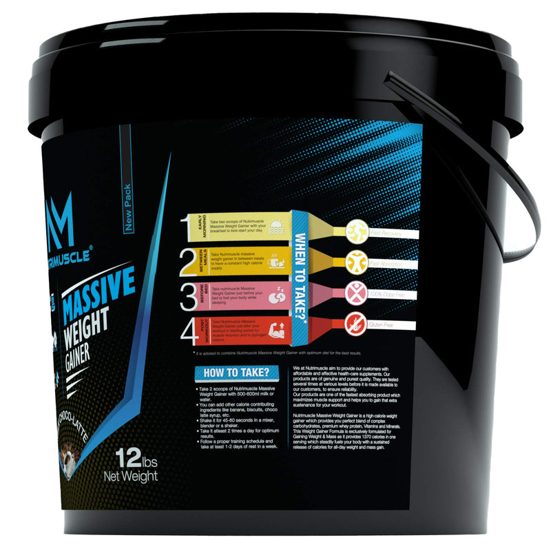 Nutrimuscle Massive Weight Gainer - 12 Lbs - 5.44 Kgs - Choco Latte Flavour (Coffee) - For Weight, Strength & Mass Gain - Contains Complex Carbohydrates, BCAA, Digestive Enzymes & Essential Vitamins & Minerals