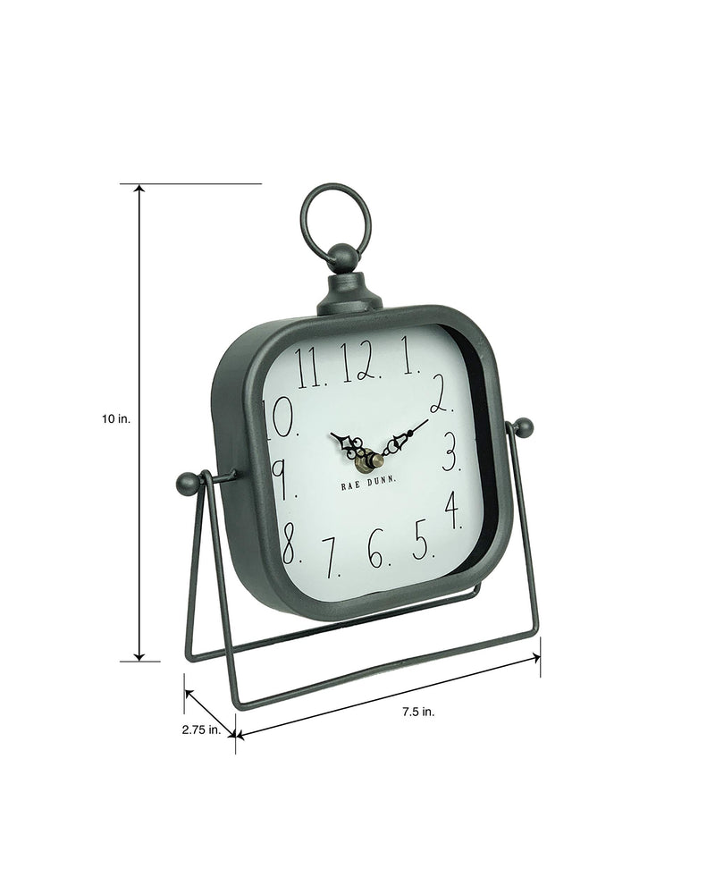 Rae Dunn Desk Clock - Battery Operated Modern Metal Rustic Design with Top Loop for Bedroom, Office, Kitchen - Small Classic Analog Display - Chic Home Décor for Desktop Table, Countertop