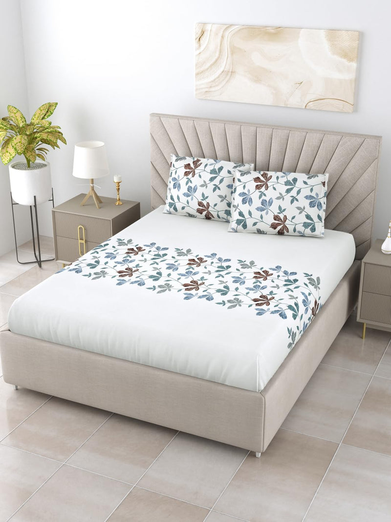 Salona Bichona White & Sky Blue Floral Printed Cotton 300 Tc King Size Bedsheet with 2 Pillow Covers