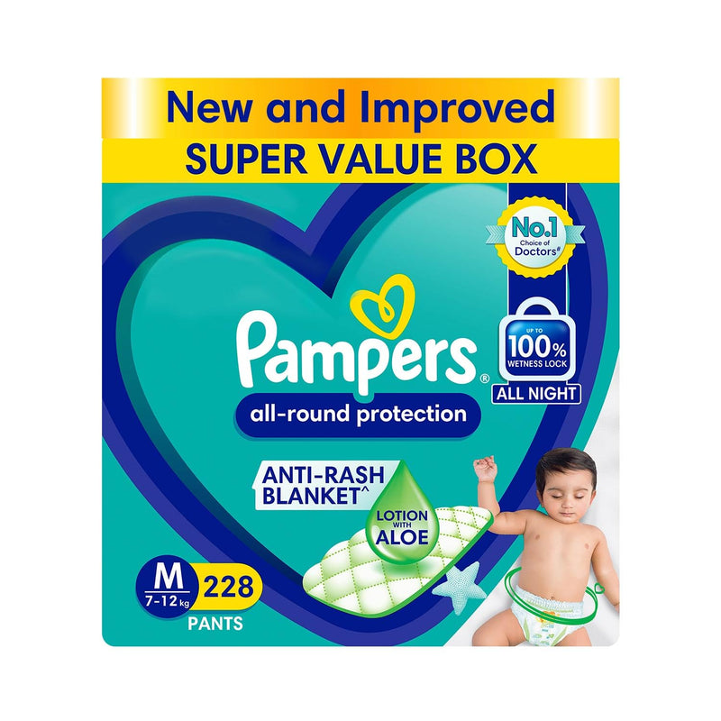 Pampers All round Protection Pants Style Baby Diapers, Medium (M) Size, 228 Count, Anti Rash Blanket, Lotion with Aloe Vera, 7-12kg Diapers