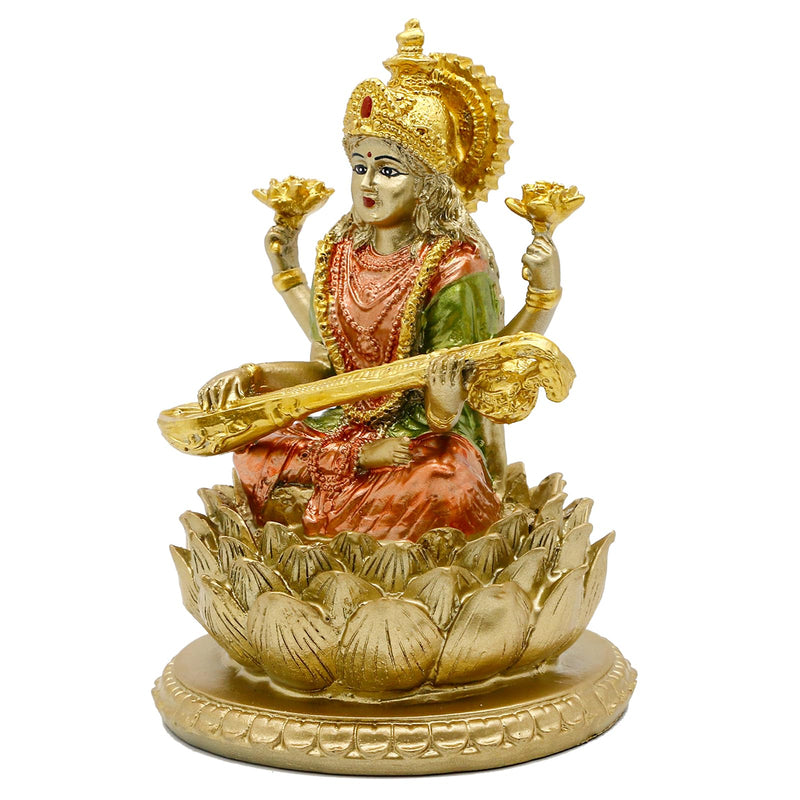 6.3" H Saraswati Sitting on Lotus Figurines in Antique Gold,Hindu God Staute for Meditation Altar Indian Gods and Goddesses,Indian Saraswati Idol for Diwali Gifts/Inidian Home Temple/Mandir