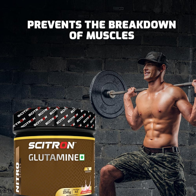 Scitron Nitro Series Glutamine 250g- Lychee Flavour | 5g Glutamine per Serving | Recovery & Muscle Support