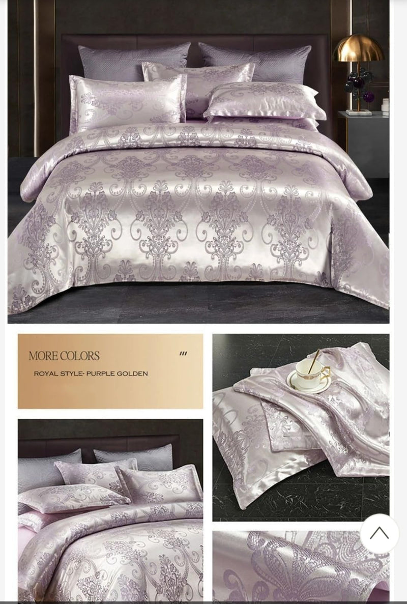 it&C's Imported Jackquard Silk and Cotton 5 Pcs King Size Double Bed Bridal Designer Bedding Set with Heavy Quilt/Comforter (Silver Purple)