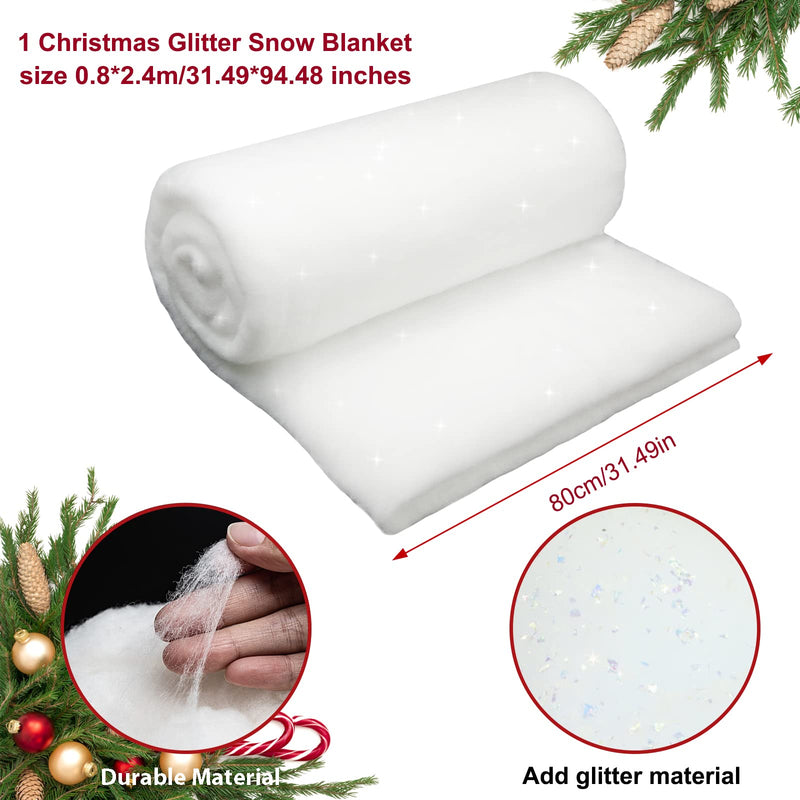 Apragaz Christmas Glitter Snow Blanket, Fake Snow Blanket Roll Indoor Decoration Artificial Snow Blankets Set for Winter Wonderland Christmas Village Wall Tree Xmas Backdrop Party Decor (0.8 * 2.4M)