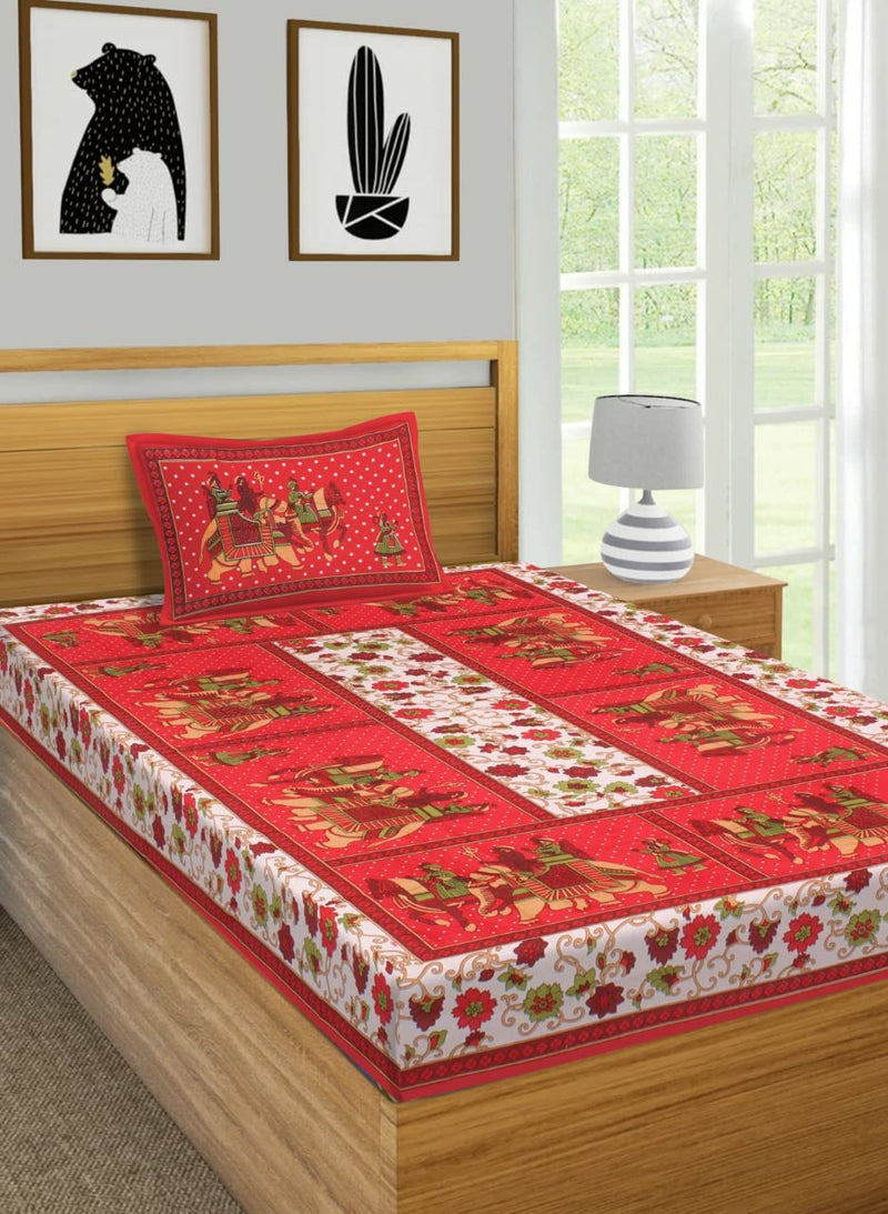 VNV Creation® Single Bed Cotton Fabric Rajasthani Jaipuri Printed Bedsheet Combo Pack 2 Bedsheet with 2 Pillow Cover-(Barfi-Yellow+Gangor-Red)