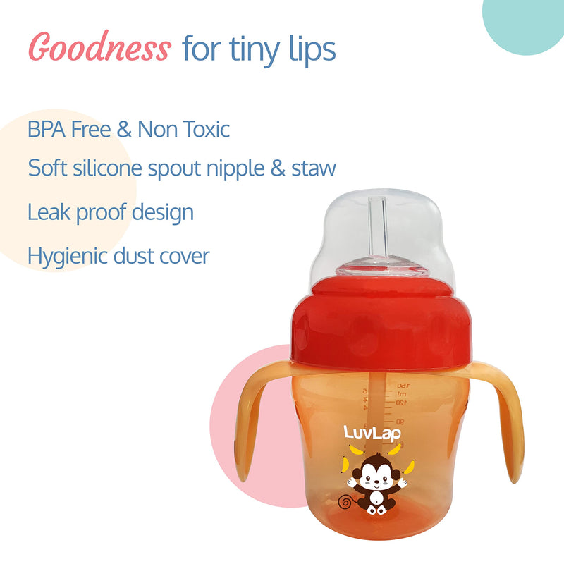 LuvLap Banana Time 150ml Anti Spill, Interchangeable Sipper / Sippy Cup with Soft Silicone Spout and Straw BPA Free, 6m+ (Orange)