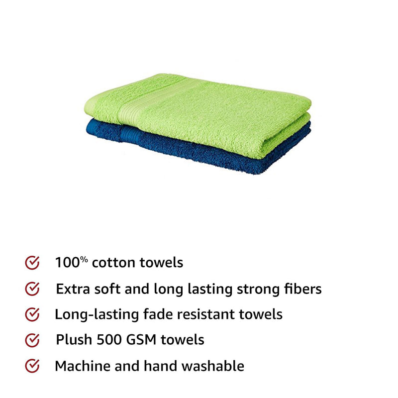 Amazon Brand - Solimo 100% Cotton 2 Piece Hand Towel Set, 500 GSM (Iris Blue and Spring Green)