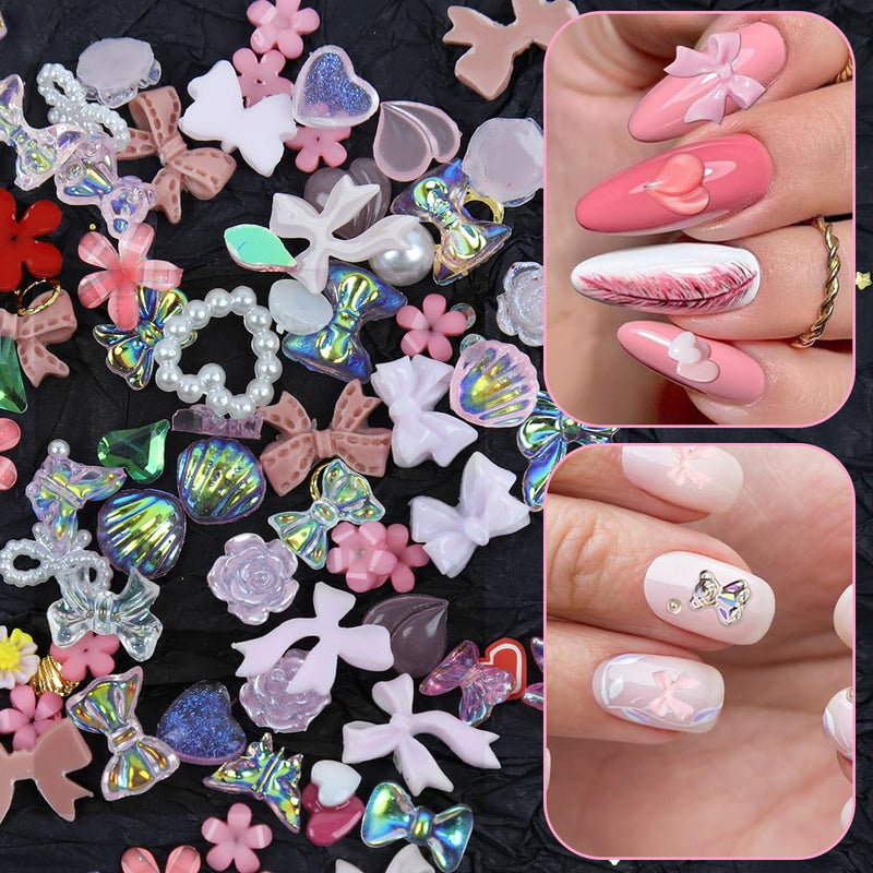 MAYCREATE® 3D Flower Nail Charms Heart Star Bow Embellishments Acrylic Nail Gems Charms Mixed AB Resin Rhinestones Pearls Gold Rivets for Manicure DIY Crafts Accessories, Pink