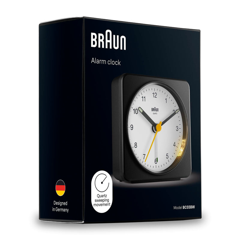 Braun Classic Analogue Alarm Clock with Snooze and Light, Quiet Quartz Sweeping Movement, Crescendo Beep Alarm in Black and White, Model BC03BW.