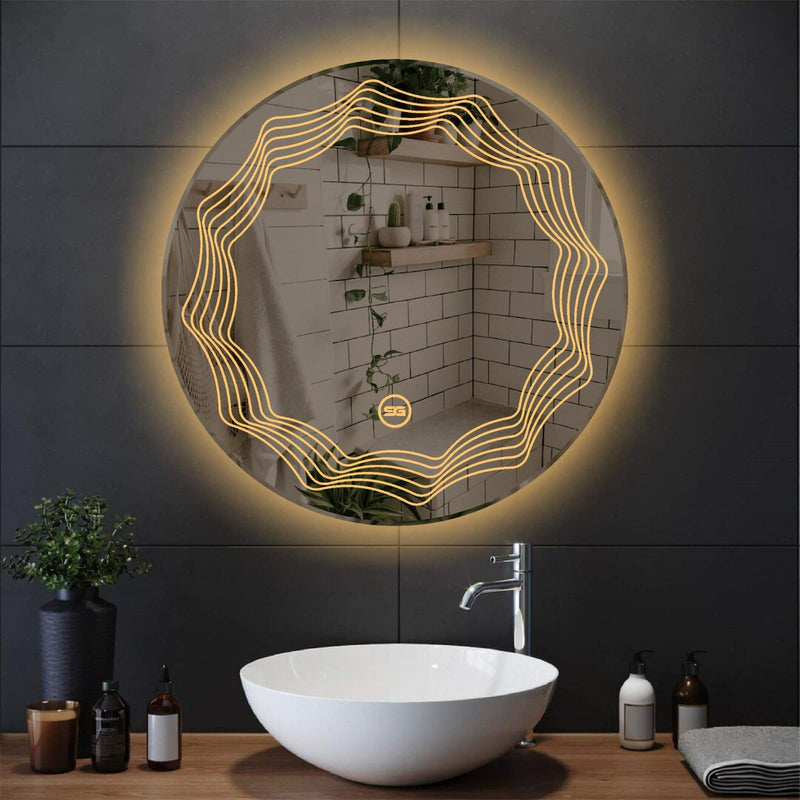 Spark Glass Round LED Sensor Mirror. (LedColour: White, Warm White, & Mix Light) - (Size:24x24 Inch)