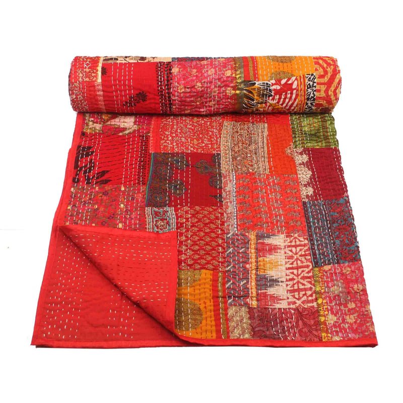 BOHEKANT Handicraft Silk Kantha Quilt Kantha Bed Cover Handmade Kantha Bedspread Kantha Blanket Throw-04 (Twin, 60x90 Inches, Single Bed)