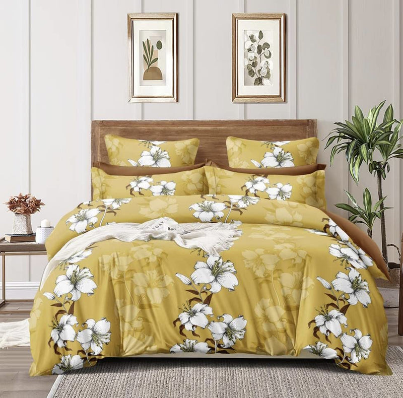 Furnistitchs Microfiber Double Bedsheet with 2 Pillow Covers Cotton Feel 90" x 100", Beige Seeds (Yellow Lilies)