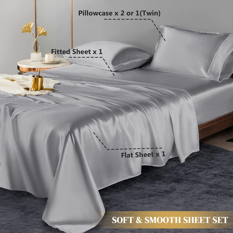 UDEAL Queen Bed Sheets Set Satin Sheet & Pillowcase Sets Deep Pocket Silky Soft Breathable Bed Sheets 1800 Microfiber(4-Piece, Silver Grey)