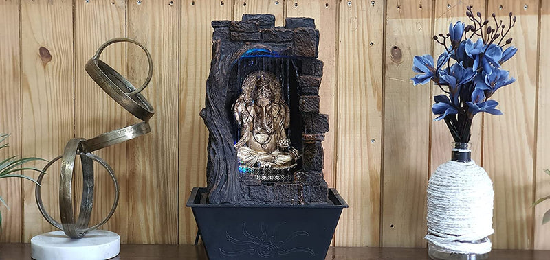 TAXUS Polyresin Golden Brown Ganesha one Step Indoor Table Top Water Fountain with Adjustable Speed Control | Size - 31x42x23 cm