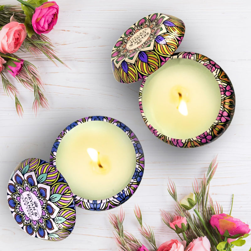 Bryan & Candy Scented Candles Rakshabandhan Gift for Sister|Gift Set for Women & Men,60gm Each Soy Wax Eco-Friendly Printed Tin, Pack of 2 (Lavender Citrus & Bulgarian Rose)