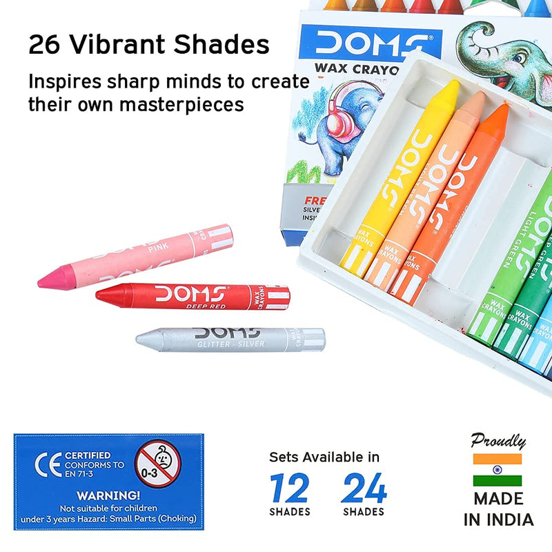 Doms 12 Shades Jumbo Wax Crayons | Smooth & Even Shading | Bright & Playful Colors | Free Silver Crayon Inside | Non-Toxic & Safe for Childrens | Pack of 1