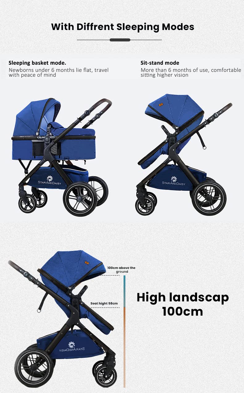 StarAndDaisy Easy Go Baby Stroller For 0-3Y Girls&Boys,Luxury Look,One Push Foldable Desing,5 Point Safety Belt,Comfortable&Washable Fabric And Reversible&Convertible Kids Pram(Blue With Black Tubes)