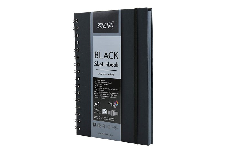 Brustro Black Sketchbook, Wiro Bound, Size A5, 200GSM (40 Sheets) 80 Pages