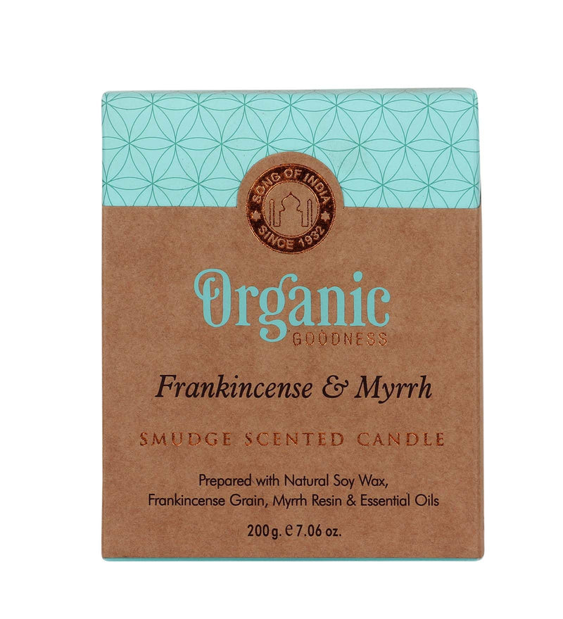 200 g. Frankincense & Myrrh Organic Goodness Smudge Candle in Gold Foil Glass Jar