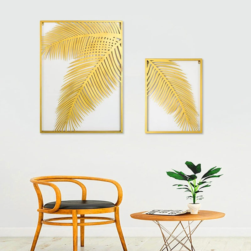 ATEEFA HOME DECOR 2 Pieces gold Metal Palm Leaf Wall Decor Home Art Set | Metal Wall Hanging Art Antique Style Wall Decor Restaurant | Hotel | Home | Bedroom | Living Room (Set of 2) (double leaf golden)