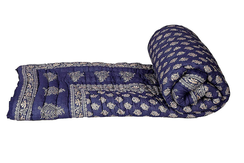 SVT Traditional Famous Jaipuri Beautiful Floral Print in Nevy Blue Silver & Gold Jaipuri Rajai/Razai/Quilt Twin Size/Twin Size Bed Quilt/Comforter/AC Quilt/AC Comforter