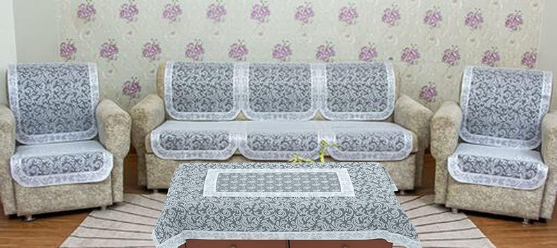 MEBELS JOY Cotton Floral Design Sofa Cover Set 5 Seater with 4 Seater Centre Table Cover(40x60 inches) Silver Colour with (6 Pieces for Long Sofa and 4 Pieces for Chair seat) Set of 10 Pieces