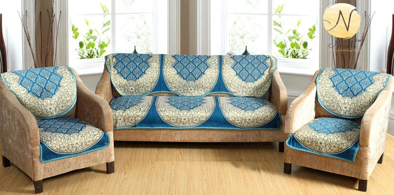 Nendle Luxurious Cotton Abstract Design 5 Seater Sofa Cover Set- 6 Pieces (Sky Blue)