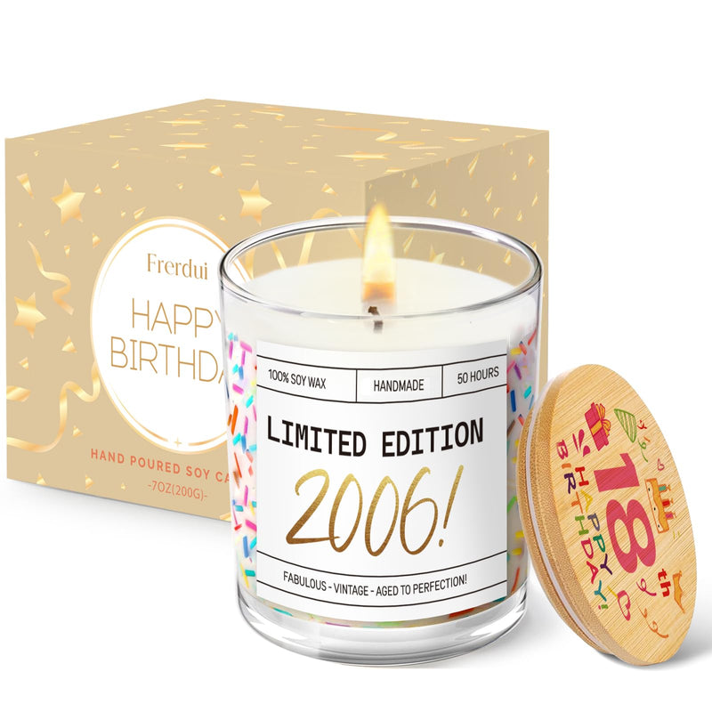 18th Birthday Gifts for Girls, Happy 18th Birthday Gift Candle with Sprinkles, Unique 18th Birthday Gifts for Daughter, Niece, Granddaughter, Limited Edition 2006 - Vanilla Soy Wax Candle, 7oz