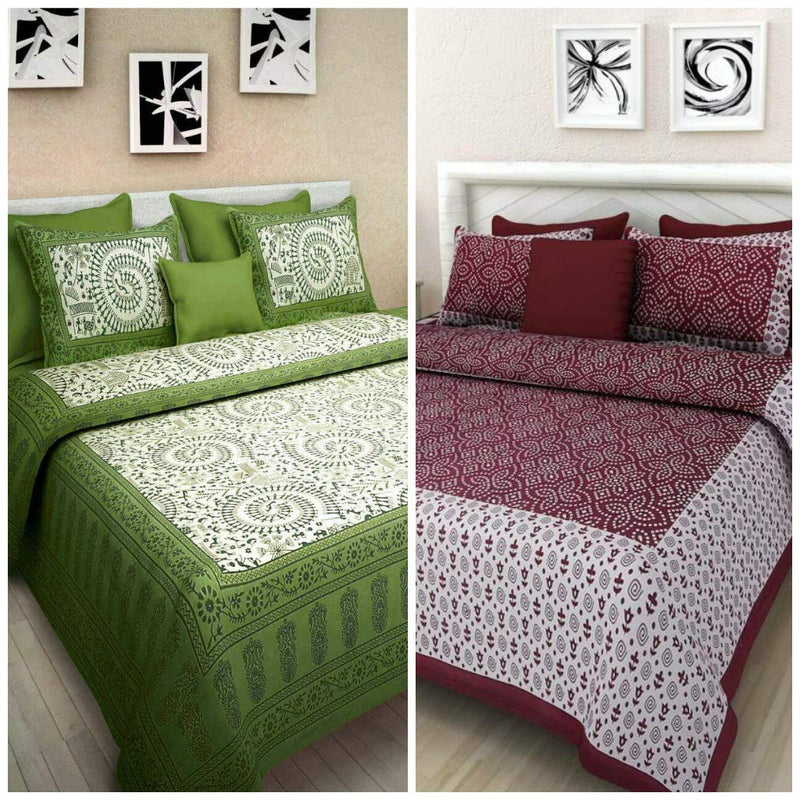 JAIPUR PRINTS 100% Cotton Rajasthani Jaipuri Sanganeri bedsheets Combo Double Bed Set 2 Double Bedsheet with 4 Pillow Cover - Multicolor