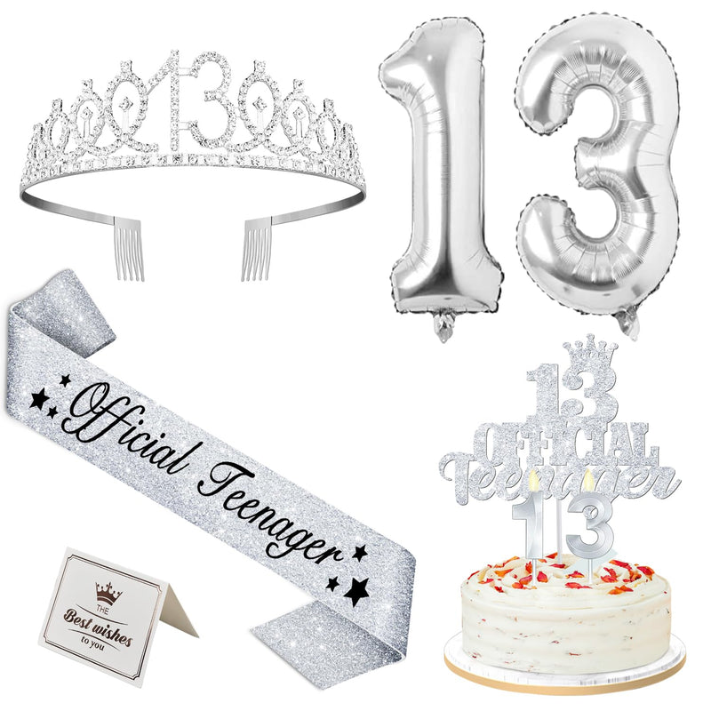 13th Birthday Decorations for Girls with Official Teenager Sash and Crown, 13th Birthday Cake Topper and Number 13 Candles, 13th Birthday Balloons, Silver Sweet 13 Birthday Gifts