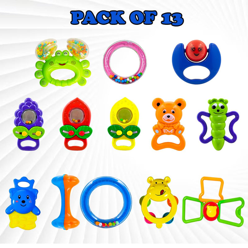WISHKEY Plastic Colorful Non Toxic BPA Free Shake & Grab Rattles and Soothing Teethers for Babies & Infants, Early Age Toys for Kids (Pack of 13, Multicolor)