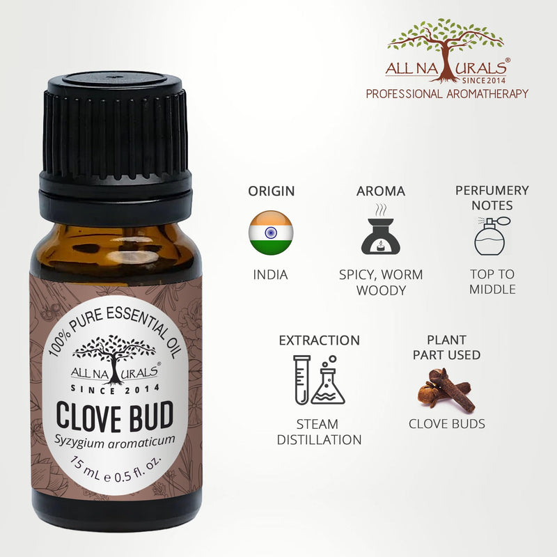 ALL NATURALS Clove Essential Oil (Kerala, India) for Oral Care & Healthy Skin | 100% Pure Aromatherapy Grade | 15 ML