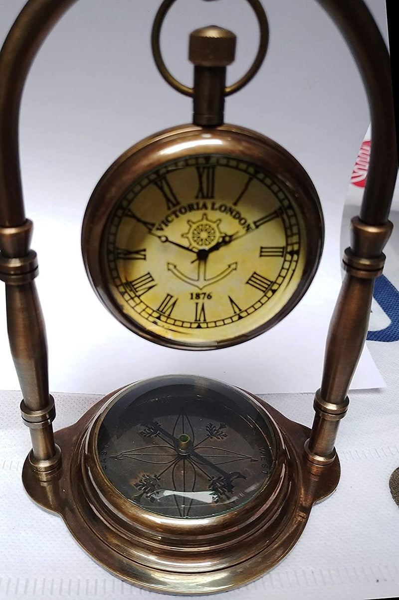 MONU Handmade Antiques Era Brass Nautical Victoria Desk Clock/Table Top Clock, with Direction Compass (Brown) Home & Office Decor