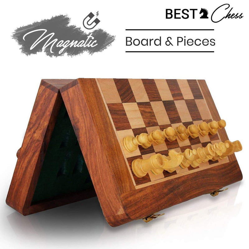 BCBESTCHESS Wooden Handcrafted Foldable Magnetic Chess Board Set with Extra Magnetic Pieces Extra Queens for 2 Players Kids and Adults (16x16 Inches, Brown)