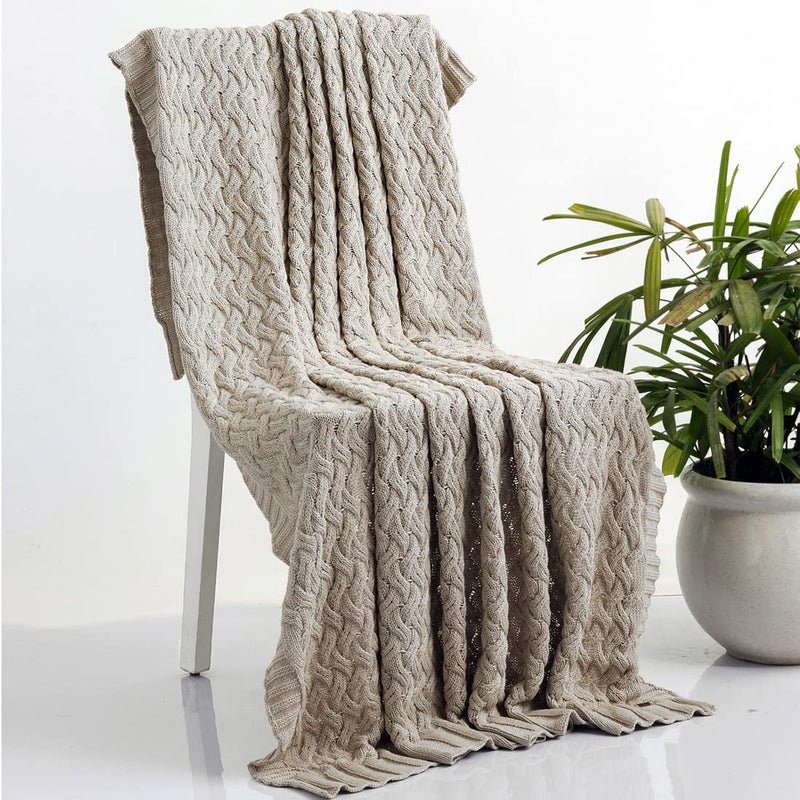 Pluchi Criss Cross Cotton Knitted All Season AC Throw Blanket in Light Beige Color (125 cm x 150 cm)