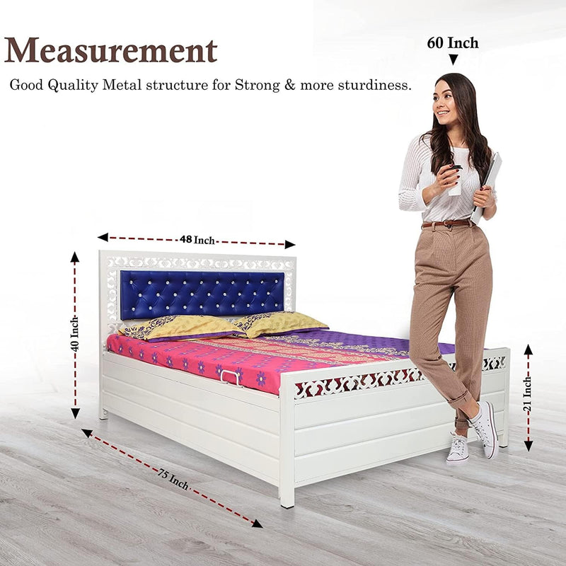 Royal interiors Single Size Metal Bed with Foam Mattress and Hydraulic Storage (Matte Finish,Ivory)