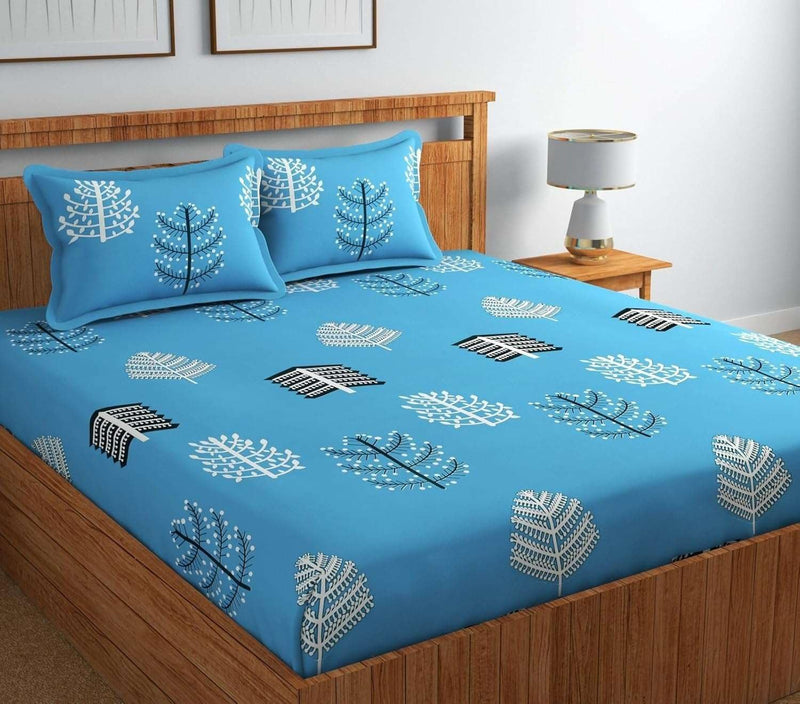 Premium Cotton All Around Elastic Fitted Double Bed Bedsheet (72” x 78”) with 2 Pillow Covers (16" x 26") (BS18 (B) Blue Base)