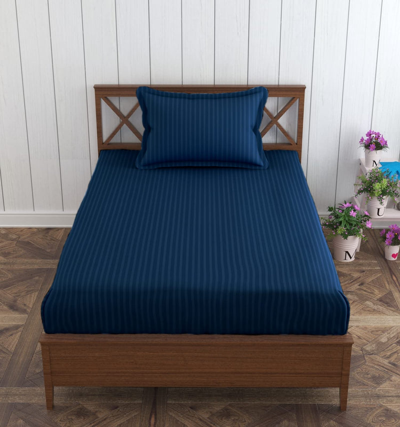 Trance Home Linen Premium Cotton 210 TC Single Fitted Bedsheet 78" * 36" with 1 Pillow Cover (Dark Blue)