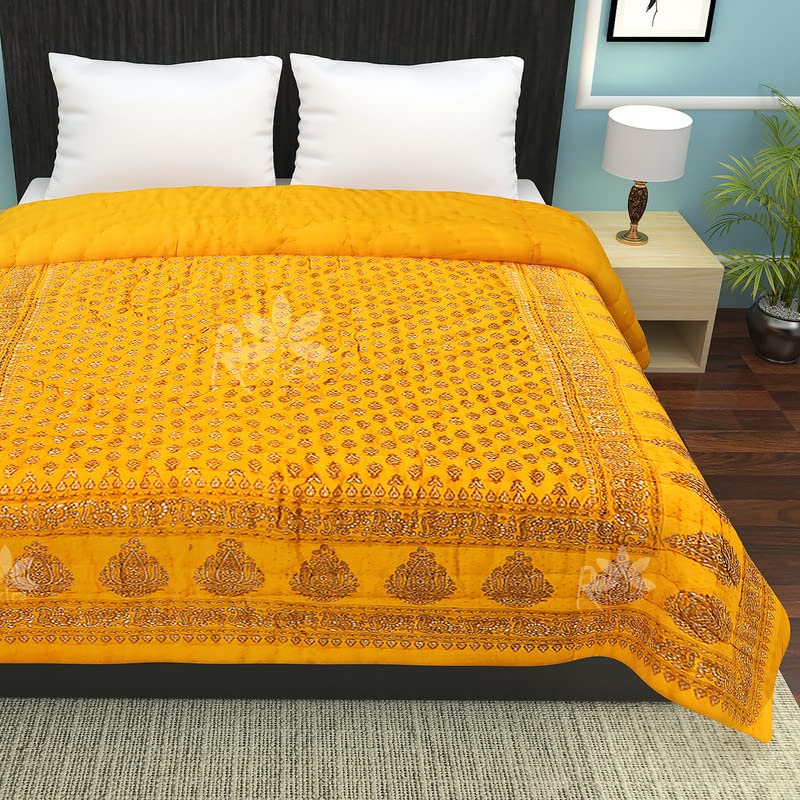 Rexxica 240 TC Single Bed Organic Cotton Jaipuri Famous Razai Bed Blanket Ac Quilt for Winter Soft Light Weight Rajasthani Traditional Rajai Cotton 57 x 84 inch.. (Single, Yellow)