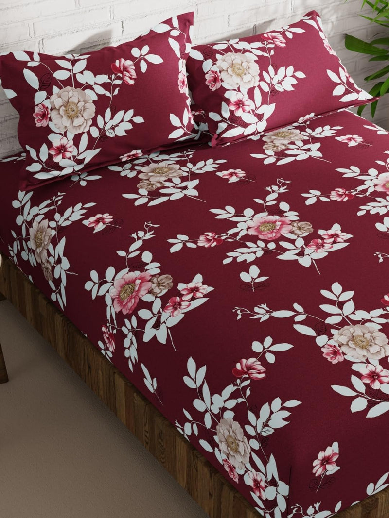 KOPA Extra Smooth Micro Double Bedsheet with 2 Pillow Covers -3pc Set (la-Vogue) | Extra Smooth Cotton Feel - Glace Cotton | 1 Bedsheet with 2 King Size Pillow Covers Floral-Wine